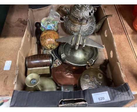 Interesting collection to include a Tibetan teapot, an Bryant &amp; May areoplane ashtray, snuff box, Masonic gavel, Islamic 