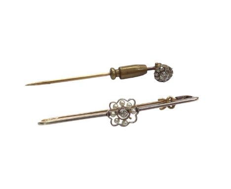 Victorian diamond cluster stick pin and an Edwardian diamond and seed pearl cluster bar brooch (2)