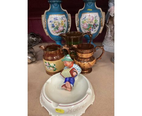 Humorous German ashtray 'Hohner', three Victorian lustre jugs, pair of Sèvres-style vases