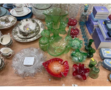 Group of Art Deco green glassware together with a blue glass liquor set and other glassware.