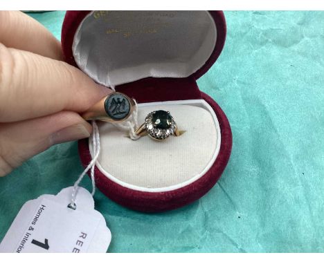 18ct gold green stone and diamond cluster ring and 9ct gold signet ring (2)18ct gold ring- *Please note this is NOT a sapphir