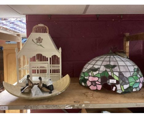 Tiffany-style coloured glass ceiling shade, pair of glass wall lights and a painted bird cage and lamp shades and new pendant