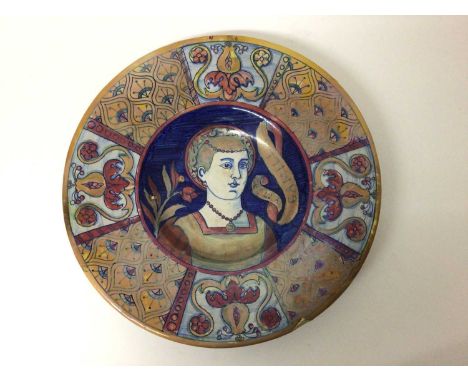 Arts and Crafts/Renaissance revival style lustre dish, with central portrait and 'Bella Camilla' inscription, the outside wit