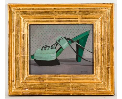 * ALEXANDRA (SANDIE) GARDNER,
PORTRAIT OF A GREEN SHOE
oil on canvas, signed, further signed, titled and dated Oct '03 verso
