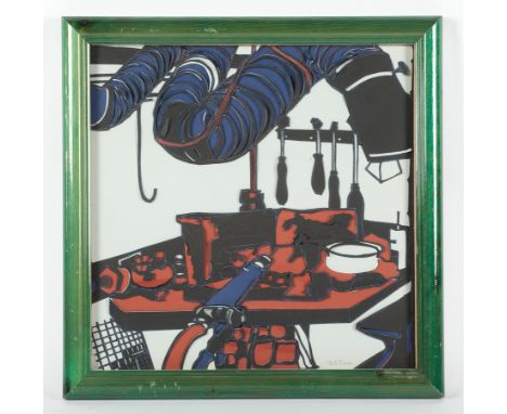 * EDITH SIMON,
TOOL BENCH 
paper collage, signed 
37cm x 37cm
Framed and under glass