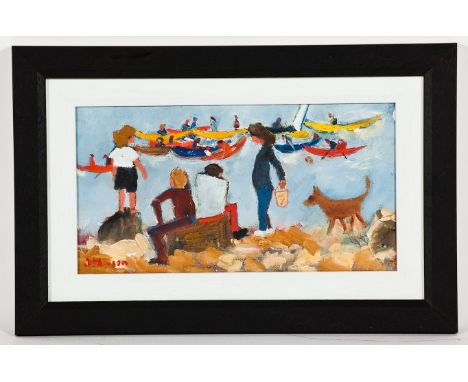 * SUE ATKINSON (BRITISH b.1949),
A DAY AT THE COAST
oil on canvas board, signed
15.5cm x 29cm
Framed and under glass
Note on 