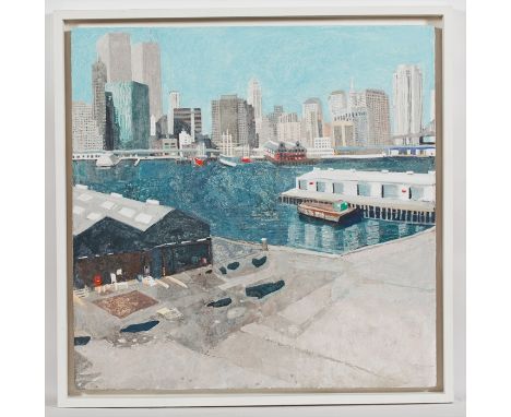 * RUTH STAGE NEAC (BRITISH b 1969),
BROOKLYN HEIGHTS (AND THE TWIN TOWERS)
egg tempera on gesso board, signed with initials
9
