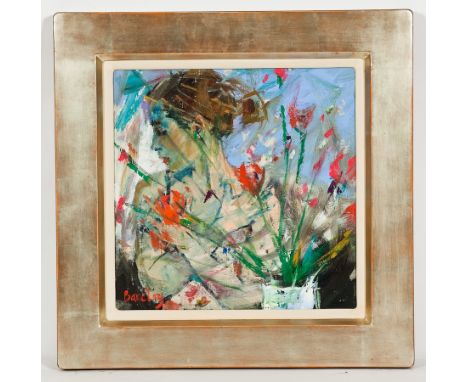 * MURIEL BARCLAY,
PORTRAIT THROUGH THE FLOWERS
oil on canvas, signed
41cm x 41cm
Framed and under glass