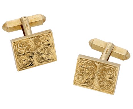 A pair of 18ct gold cufflinks, 1997, the square panels with engraved scroll decoration, the T-bar terminals with London hallm