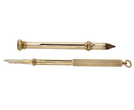 A Victorian gold propelling pen/pencil by Sampson Mordan & Co., engine-turned and signed, the shaft engraved ‘T.Gordon, Chris