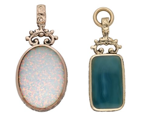 Two 9ct gold gem-set double-sided pendants by David Scott-Walker, the first of oval form, set to the front with synthetic opa