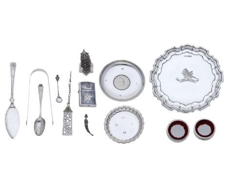 A collection of miscellaneous silver items, including a pepper in the form of a Chinese pagoda, a small salver bearing crest,