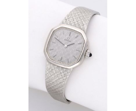 Omega. A lady’s white gold octagonal bracelet watch, circa 1975. Movement: cal. 625, manual winding, 17 jewels, no. 39361380.