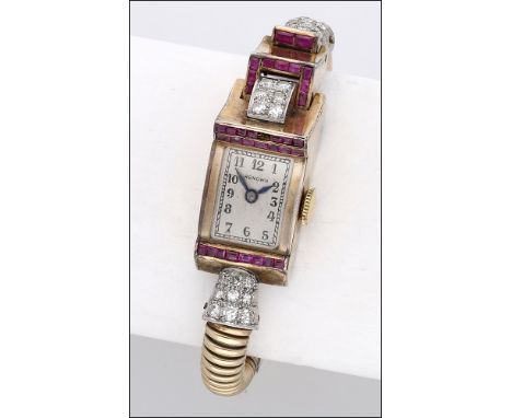 Renown. A gold, diamond and synthetic ruby cocktail watch, circa 1955. Movement: manual winding, 15 jewels. Dial: Arabic nume