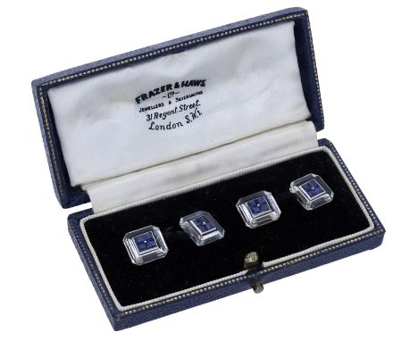 A pair of sapphire and rock crystal cufflinks by René Boivin, circa 1935, double-sided, each faceted rock crystal plaque set 