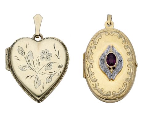 Two gold lockets, the first 9ct gold locket with applied ruby and diamond plaque and engraved scrolled decoration, the revers