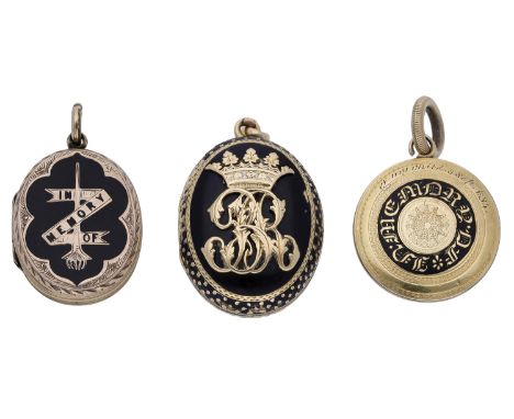 Three 19th century memorial lockets, the two smaller lockets both with black enamel and engraved decoration and inscribed ‘IN