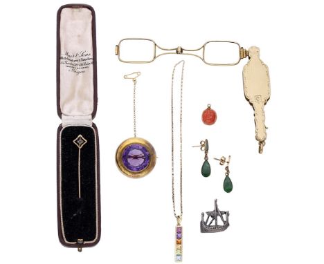 A small collection of jewellery, to include an amethyst brooch, a multi gem-set pendant suspended from a box-link chain, a ca