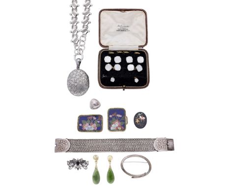 A collection of jewellery, comprising a 9ct gold mounted mother-of-pearl dress set, a Victorian silver chain and locket, a pl