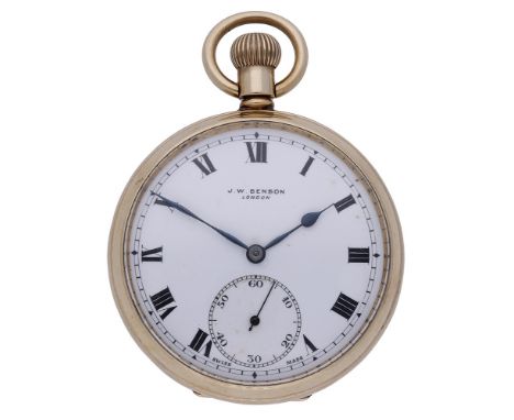 J. W. Benson. A gold open-faced keyless watch, 1914. Movement: gilded, lever escapement, 15 jewels. Dial: white enamel, Roman