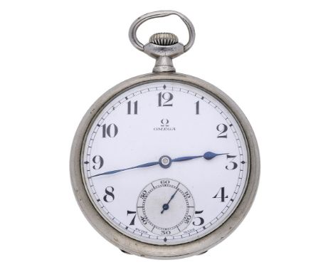 Omega. A steel open-faced keyless watch, circa 1920. Movement: cal. 40.6L.T2.15P, lever escapement, 15 jewels. Dial: white en