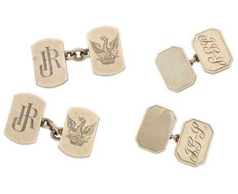 Two pairs of 9ct gold cufflinks, the first pair barrel-shaped, bearing monogram and crest of phoenix with outspread wings abo