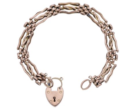 A 9ct gold gate-link bracelet, with padlock clasp, Chester hallmark for 1908, length approximately 8cm.  £200-£300