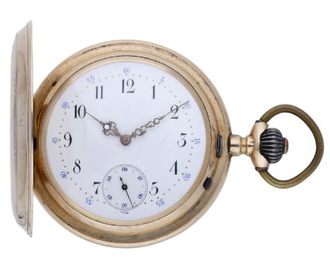 Swiss. A gold hunting cased keyless watch, circa 1910. Movement: lever escapement, 16 jewels. Dial: white enamel, Arabic nume