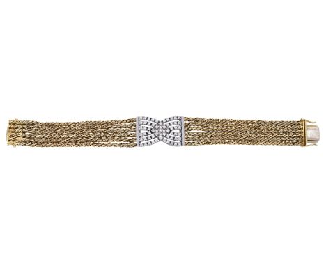 A multi-row diamond bracelet, comprising six ropetwist chains spaced by a pierced brilliant-cut diamond-set panel, stamped ‘5