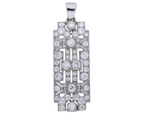 An Art Deco diamond pendant, the pierced rectangular panel converted from a brooch, millegrain set throughout with graduated 