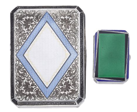 An Austrian silver and enamel rectangular box, decorated with white, blue, and black enamel and silver inlay decoration, stam