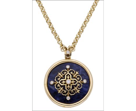 A sodalite and diamond roundel pendant on chain by Lalaounis, the round polished sodalite panel with applied scroll motif acc