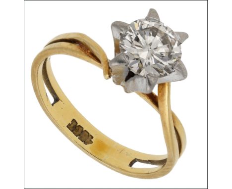 A diamond single stone ring, the brilliant-cut diamond in a raised claw setting between bifurcated crossover shoulders, stamp