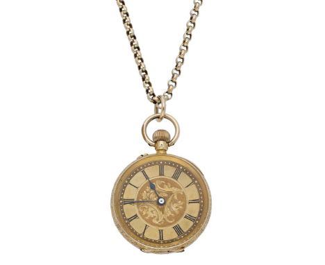 Swiss. A lady’s gold open-faced keyless watch with long gold chain, circa 1900. Movement: lever escapement. Dial: gilt, engin