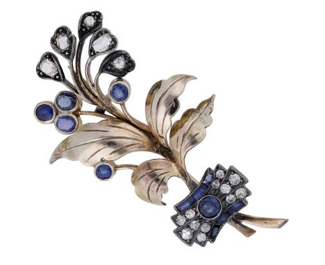 A mid 20th century sapphire and diamond spray brooch, the flower buds set with circular-cut sapphires and rose-cut diamonds, 