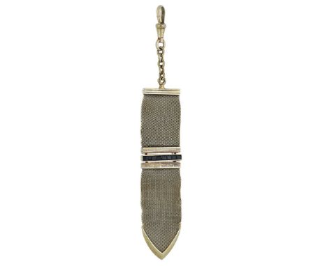 An Austrian gold fob, circa 1920, the woven gold mesh tapering to one end and with white enamel decoration to the terminals, 