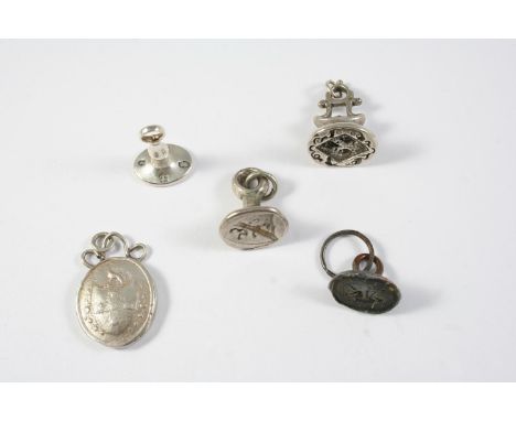 A SILVER FOB SEAL engraved with initials, hallmarked for Birmingham 1803, together with three other silver seals and another 