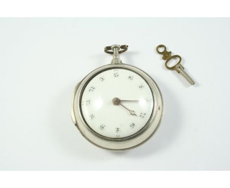 A SILVER PAIR CASED VERGE POCKET WATCH with unusual named white enamel dial, the movement signed Robert Stevenson, Worcester,