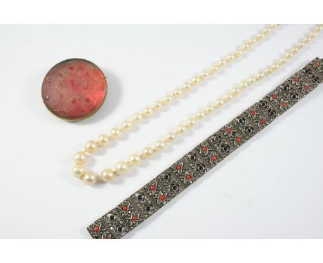 A CULTURED PEARL NECKLACE the pearls graduate from 3.6mm to 7.9mm to a  9ct white gold clasp, 49.5cm long, together with a si