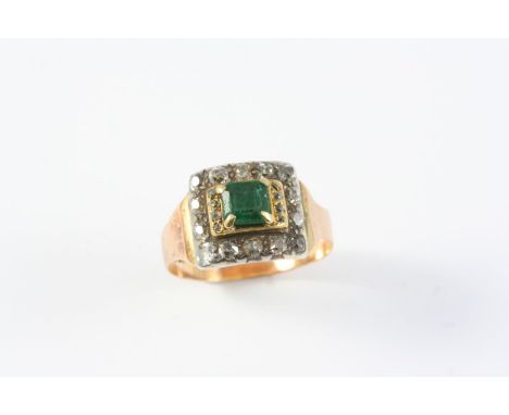 A GEORGE III EMERALD AND DIAMOND RING the square-shaped emerald is set within a surround of rose-cut diamonds, in silver and 