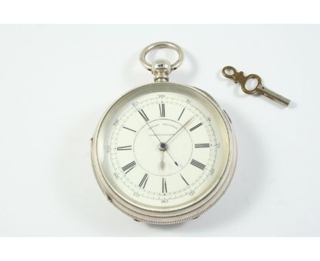 A LARGE SILVER CENTRE SECONDS CHRONOGRAPH POCKET WATCH the white enamel dial with Roman numerals, the movement signed W. Reel