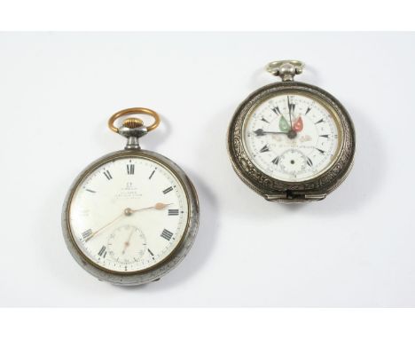 A SWISS GUN METAL LEVER OPEN FACED POCKET WATCH BY OMEGA the signed white enamel dial with Roman numerals and subsidiary seco