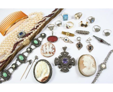 A QUANTITY OF JEWELLERY IN A JEWELLERY BOX including a carved shell cameo depicting The Three Graces, a lady's marcasite wris