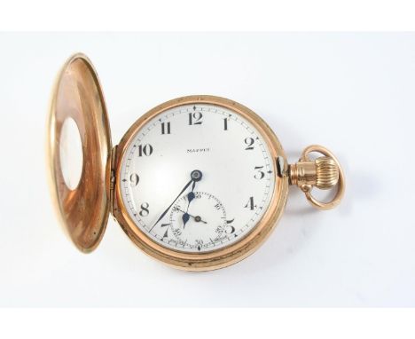 A 9CT GOLD HALF HUNTING CASED POCKET WATCH BY MAPPIN the signed circular dial with Arabic numerals and subsidiary seconds dia