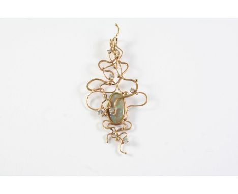 A GOLD, OPAL AND DIAMOND PENDANT the gold abstract openwork design mounted with an oval-shaped solid opal, with circular-cut 