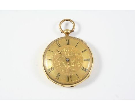 A GOLD OPEN FACED POCKET WATCH the gold foliate engraved dial with Roman numerals, engraved to the inner cover F. D. Bertram,