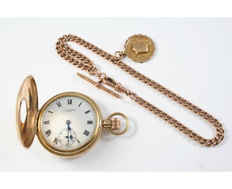 A 9CT GOLD HALF HUNTING CASED POCKET BY J.W. BENSON, LONDON the signed white enamel dial with Roman numerals and subsidiary s