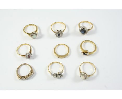 TEN ASSORTED GOLD AND GEM SET RINGS including a sapphire and diamond three stone ring, set in 18ct gold, size M, a sapphire a