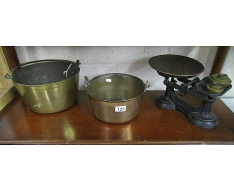2 brass jam pans and scales