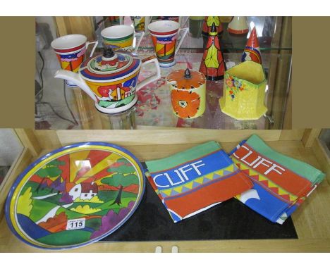 Collection of china in the style of Clarice Cliff